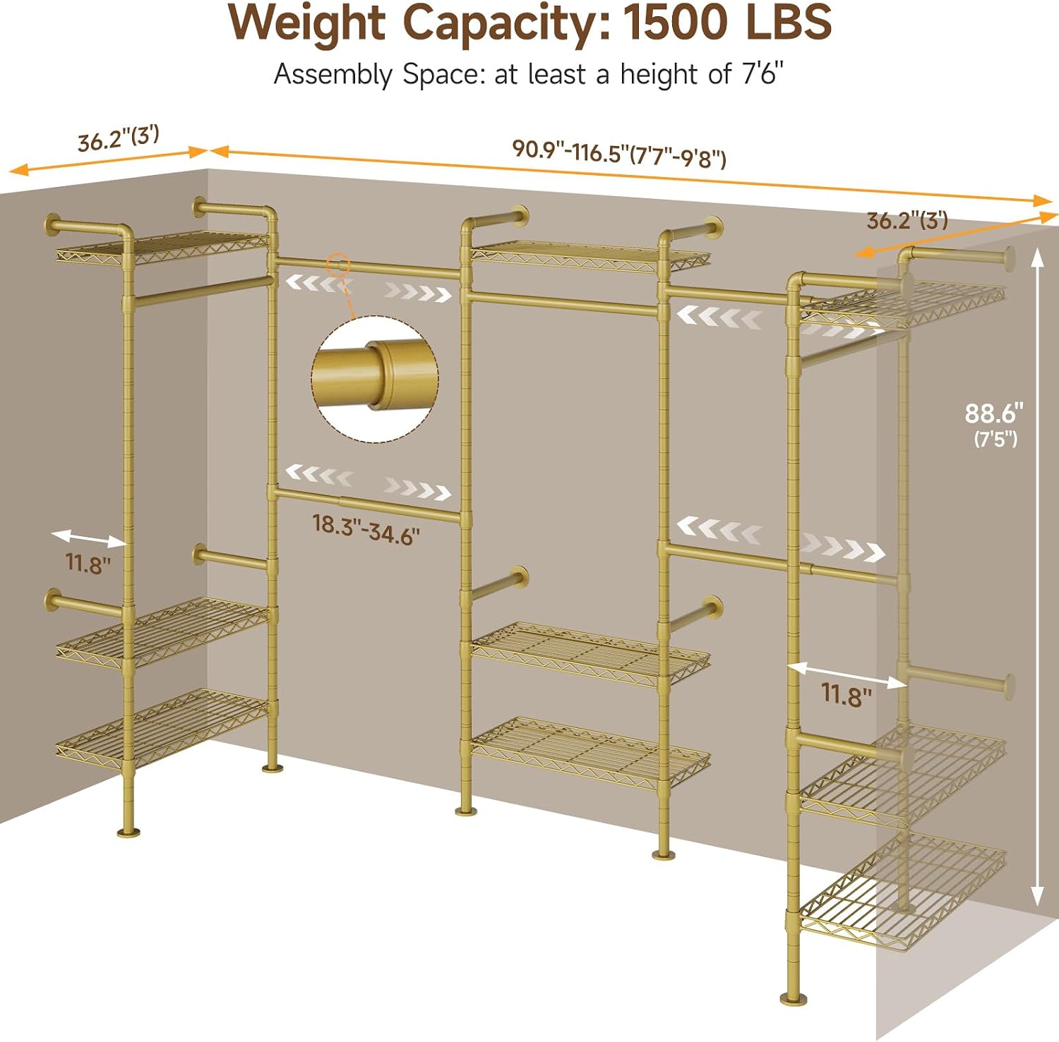 U5 Wall Mounted Closet System, Industrial Pipe Clothing Rack Garment Racks for Hanging Clothes, Heavy Duty Closet Organizers System in Wardrobe Closet, Gold