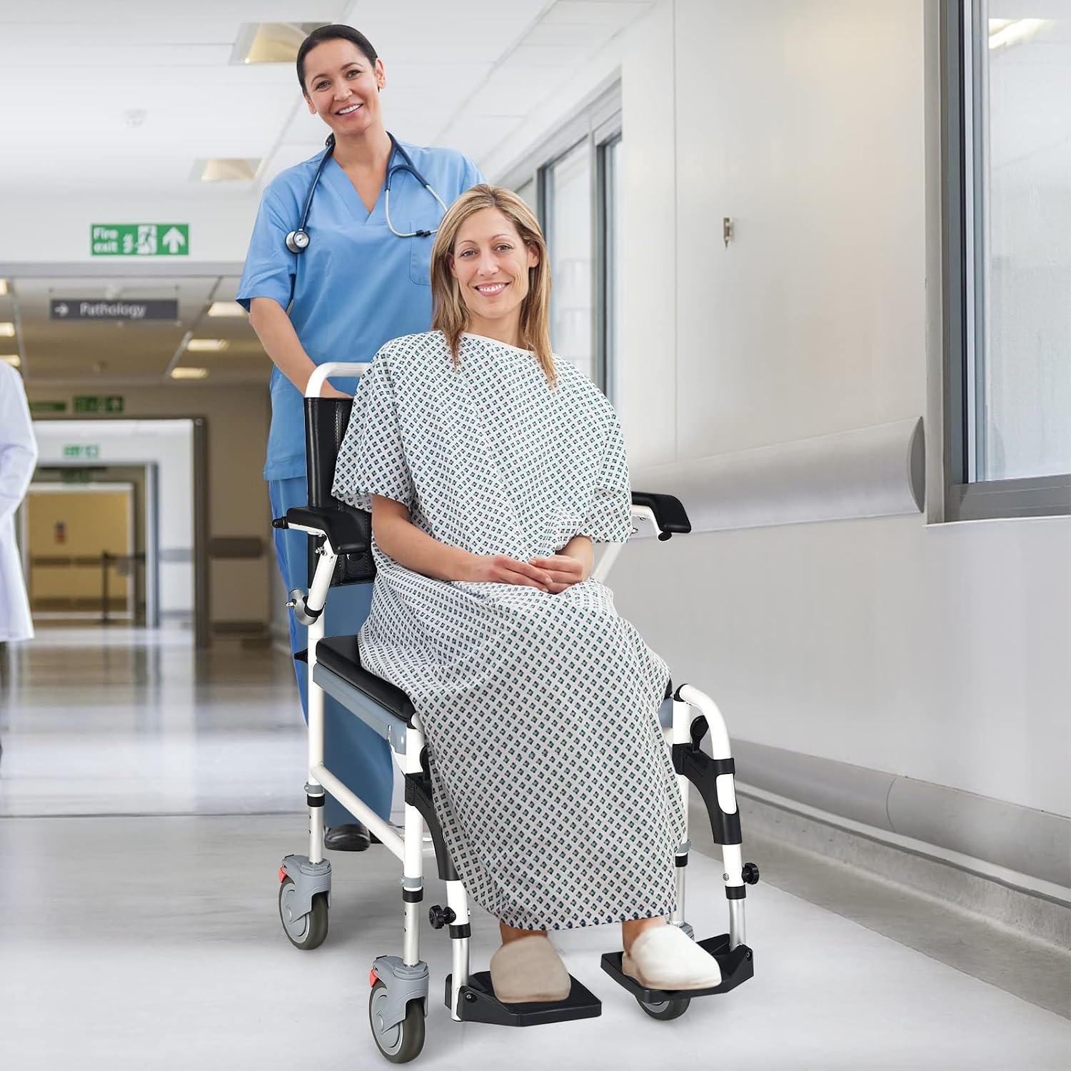 GYMAX 4-in-1 Bedside Commode, Shower Chair with Lockable Wheels, Height Adjustable Rolling Toilet Chair with Detachable Bucket, Portable Handicap Transport Wheelchair for Adult, Disabled, Elderly