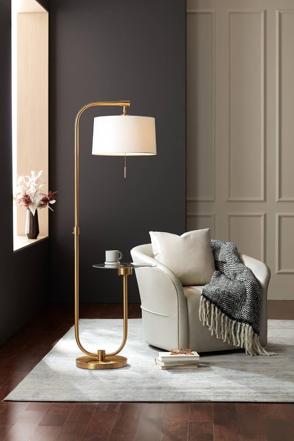 Possini Euro Design Volta Mid Century Modern Arched Floor Lamps 66' Tall Set of 2 with USB Charging Port Glass Tray Table Antique Brass White Linen Drum Shade Living Room Reading House Bedroom Home