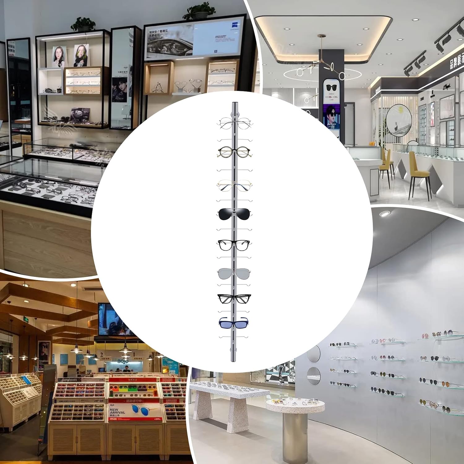 10 Pcs/set Glasses Rack Eyeglass Frame Stand 4ft Hold 16 Frames Sunglasses Holder Organizer Storage Eyewear Glasses Display Stand Column Decorative Display Rod