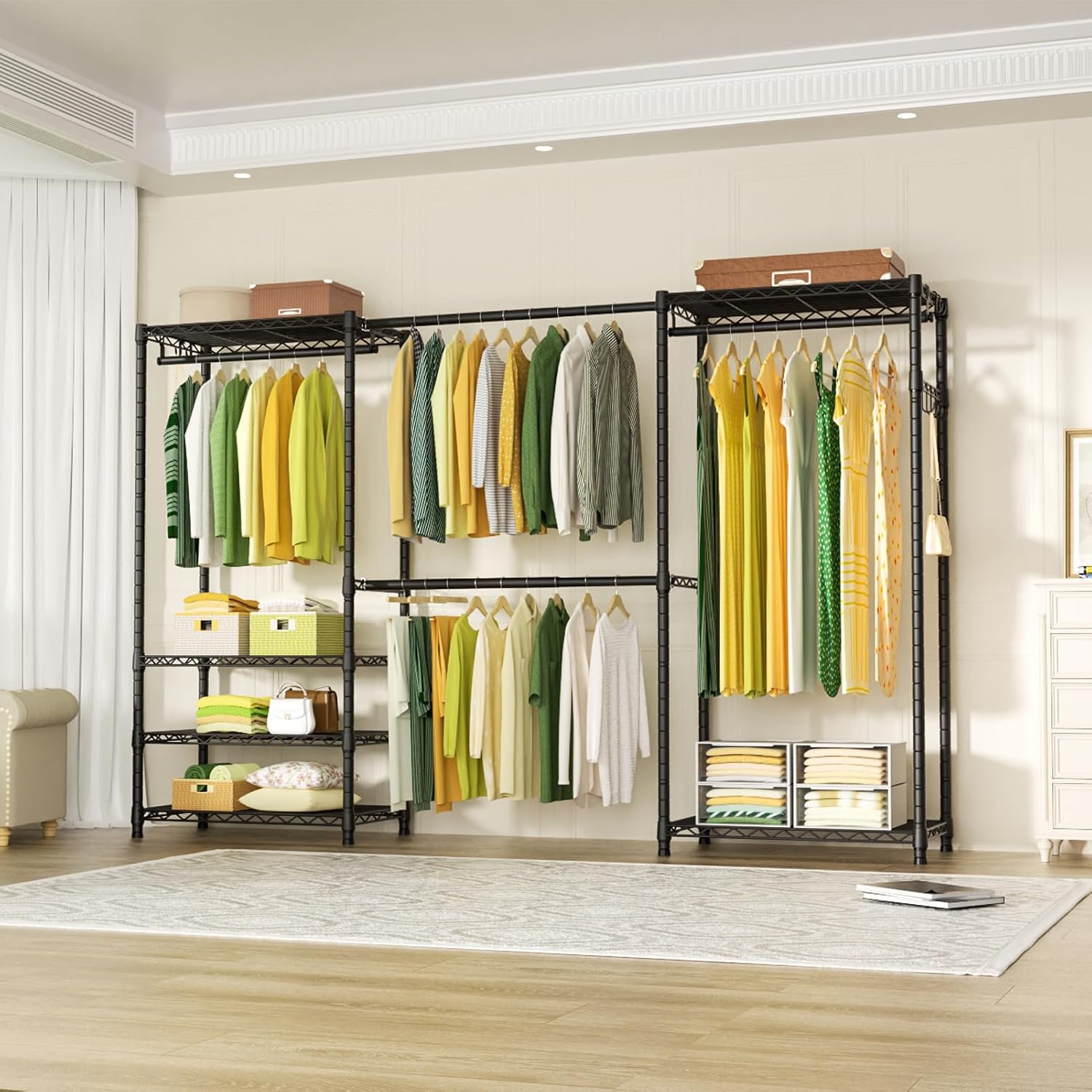 Ulif E1 Heavy Duty Closet Garment Rack, 6 Tiers Adjustable Metal Freestanding Expandable Clothing Storage with 4 Hanger Rods, Easy to Assemble Wardrobe Suit for 70 to 88.2' Space, 14'D x 71.4'H, Black