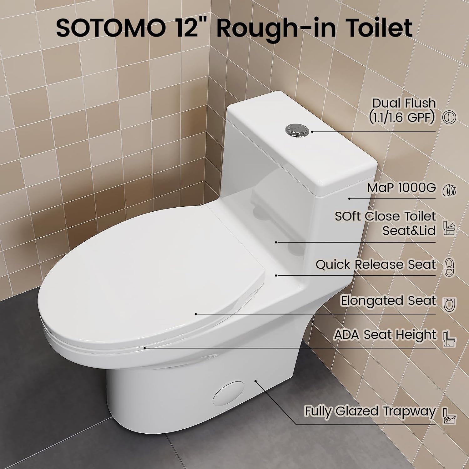 SOTOMO K-0351DF Elongated One Piece Toilet, ADA Comfort Seat Height 17.2', Dual Flush 1.1/1.6 GPF Compact Toilet, Soft-Close Seat, 12' Rough-In, MAP 1000g for Bathrooms, Modern White Skirted Toilet