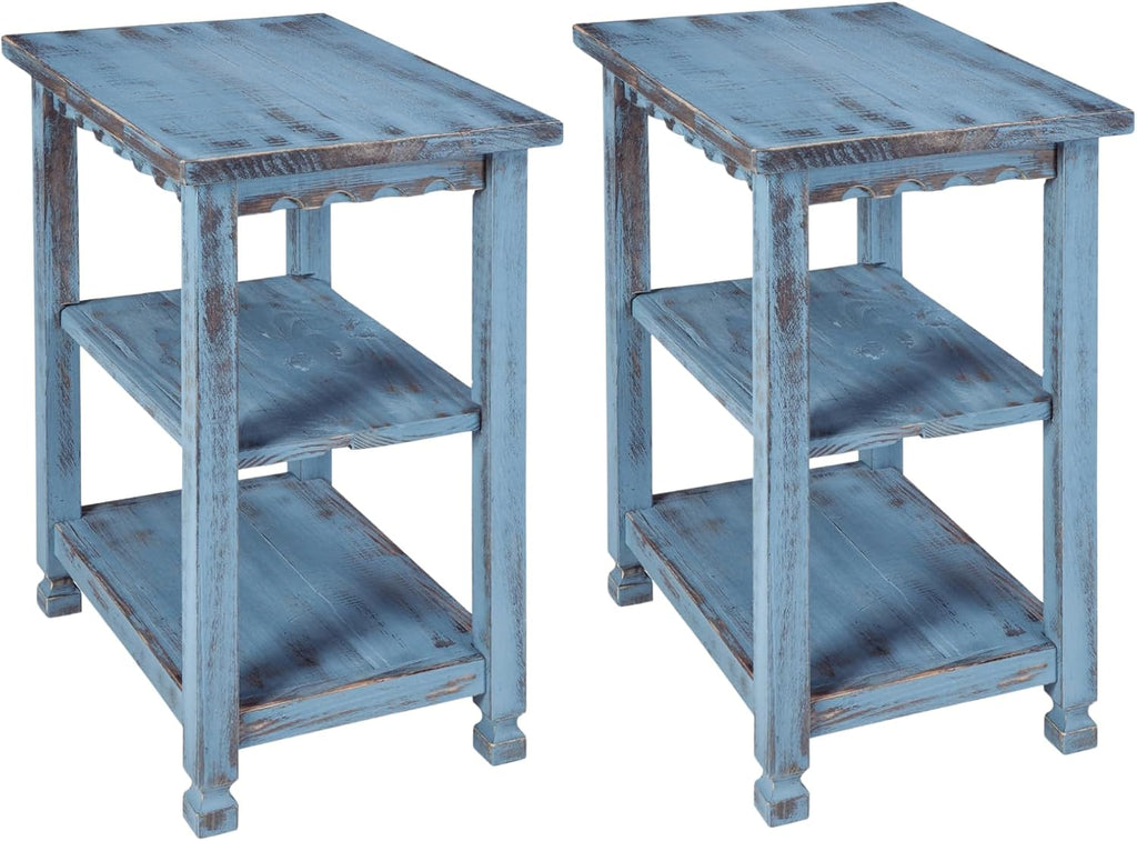 Alaterre Furniture Country Cottage Rustic Farmhouse Nightstand Set of 2-15in Narrow Side Table Set with Storage Shelves - Solid Wood Rustic Nightstands for Living Room or Bedroom (Antique Blue)