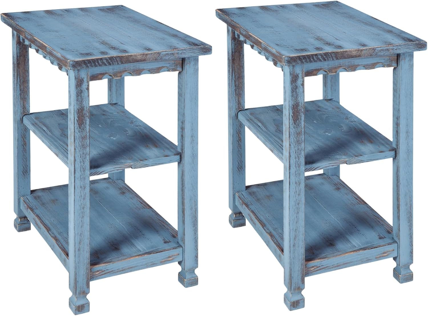Alaterre Furniture Country Cottage Rustic Farmhouse Nightstand Set of 2-15in Narrow Side Table Set with Storage Shelves - Solid Wood Rustic Nightstands for Living Room or Bedroom (Antique Blue)