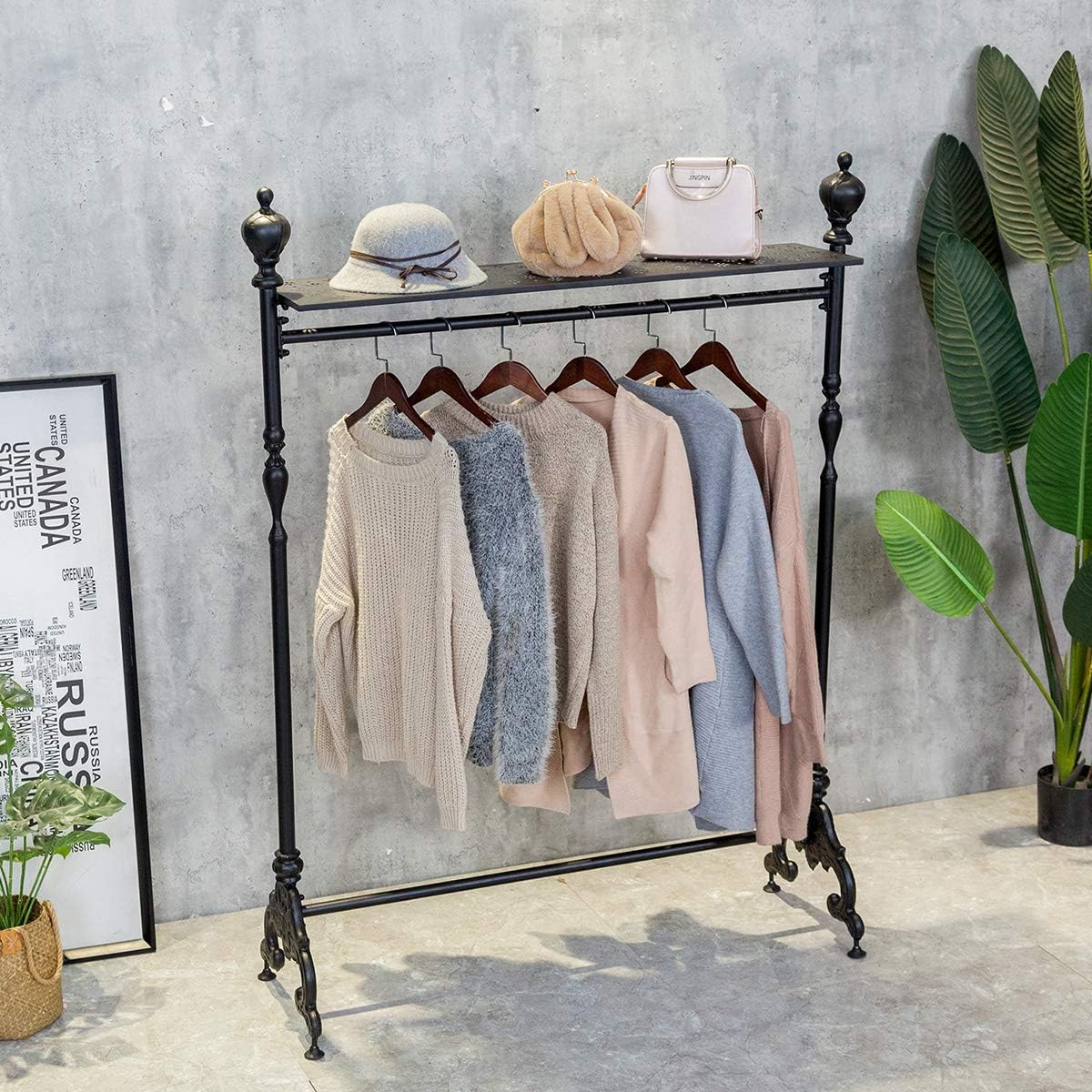 Vintage Iron Pipe Garment Rack, Floor-Standing Garment Hanger with Storage, Clothes/Shoe/Bag Organizers Display Stand, Garment Shelf for Retail Stores