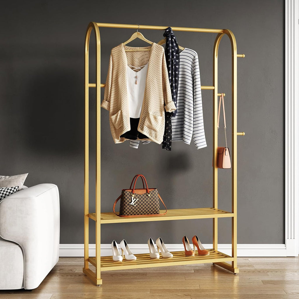Gold Clothing Rack with 2 Shelves and Side Hooks,Freestanding Metal Garment Rack for Hanging Clothes,Heavy Duty Clothes Rack with Shoe Storage,Modern Clothing Rack for Bedroom,Entryway,Closet