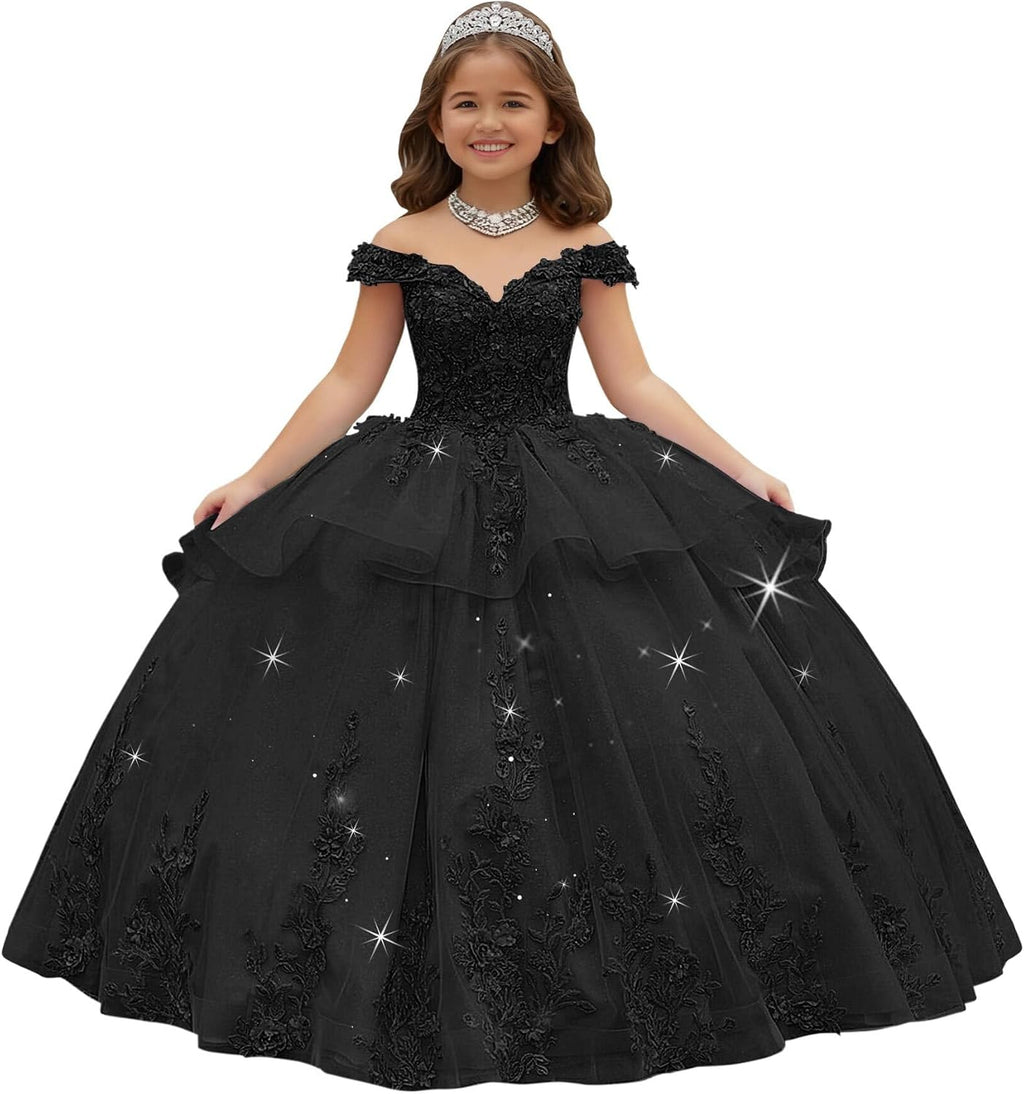 Crystal Lace Applique Flower Girl Dress Layered 3D Floral First Communion Dresses Off Shoulder Girls Pageant Dresses