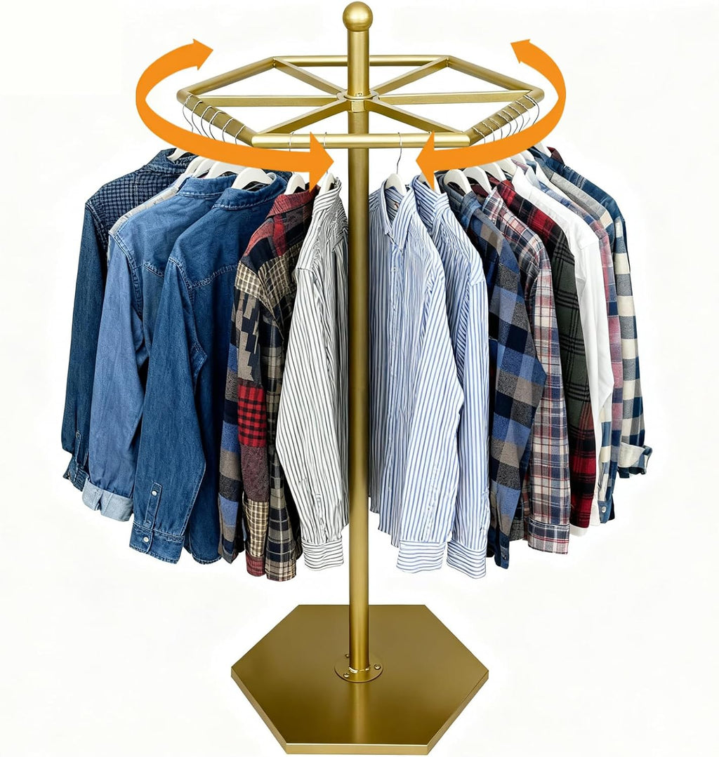 23-Inch Heavy-Duty Metal Rotating Clothes Rack, 42' x 42' Footprint, Rack Load 200lbs,Gold Round Clothing Rack with Adjustable Base Pads, Base Supports M8 Caster Wheels, For Home & Retail