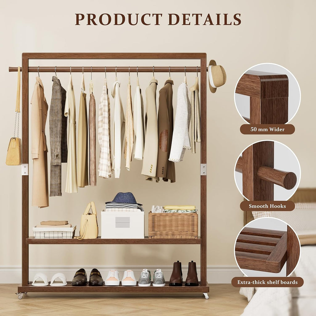 Solid Wood Clothes Rack with Wheels | 3-in-1 Freestanding Garment Rack & Coat Tree, Extra-Long Rod, Two Shelves, 220 lb Load | Organizer for Bedroom & Entryway