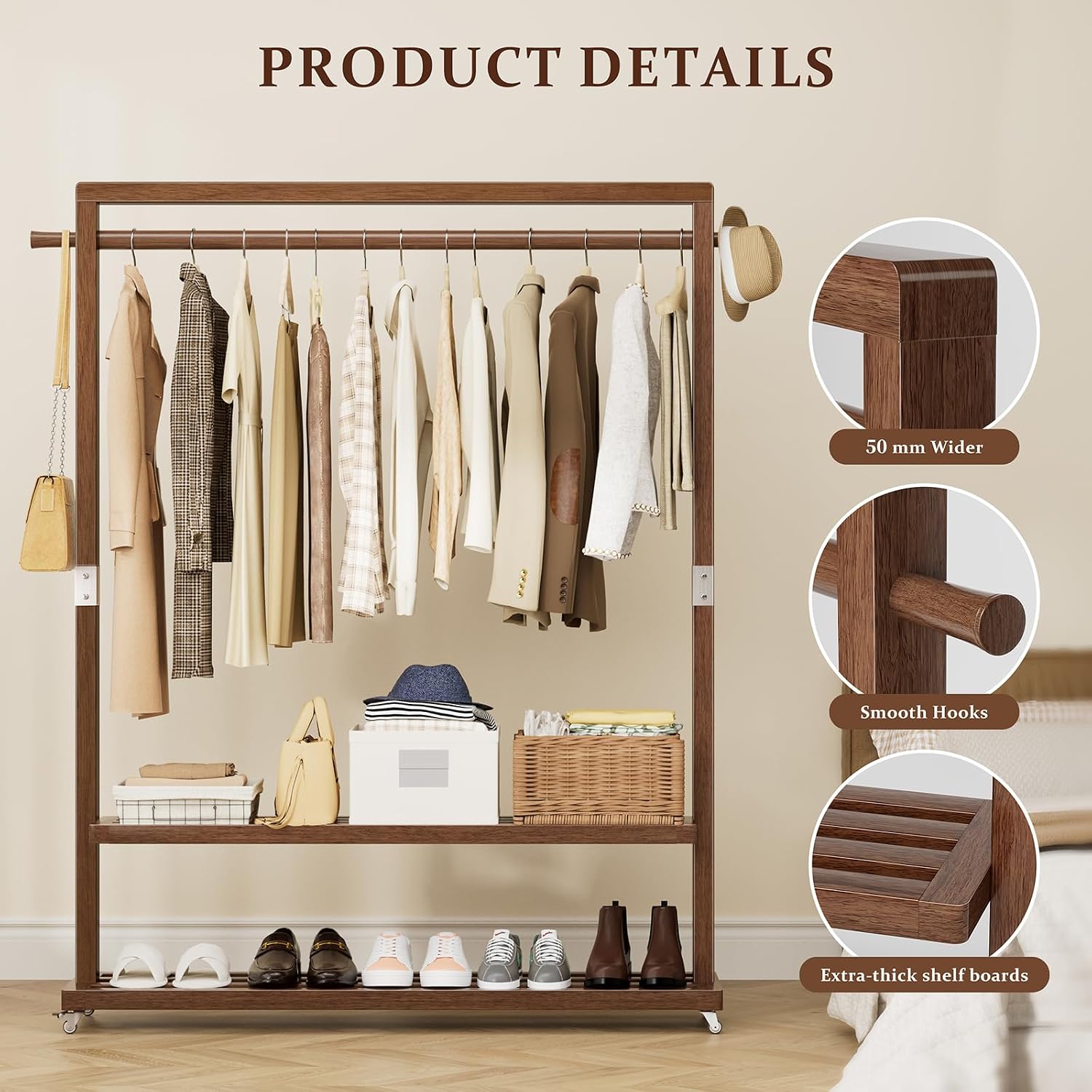 Solid Wood Clothes Rack with Wheels | 3-in-1 Freestanding Garment Rack & Coat Tree, Extra-Long Rod, Two Shelves, 220 lb Load | Organizer for Bedroom & Entryway