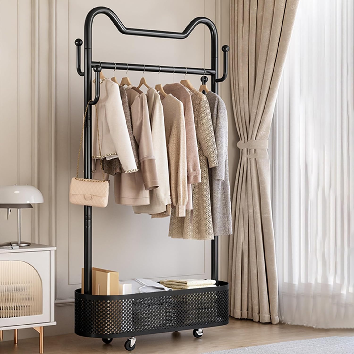 Modern Garment Rack, Clothes Rack, Clothing Rack, Rolling Garment Rack with Shelf, Portable Closet Wardrobe Rack, for Bedroom,Living Room,Clothing Store(Black,60cm/23.6in)