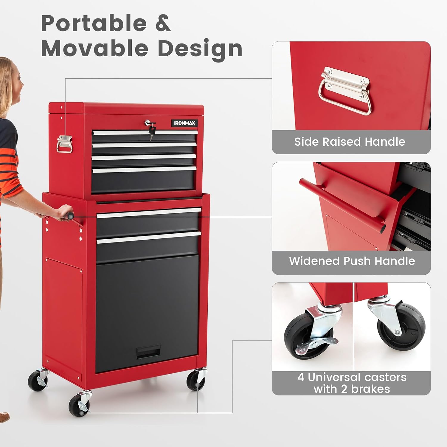 ERGOMASTER Tool Cabinet Chest Include 4-Drawers Removable Top Box + 2-Drawer & Caibinet Capacity Tool Storage with Wheels and Locking System - BlackRed 6-Drawers, TOOLBOX-2023