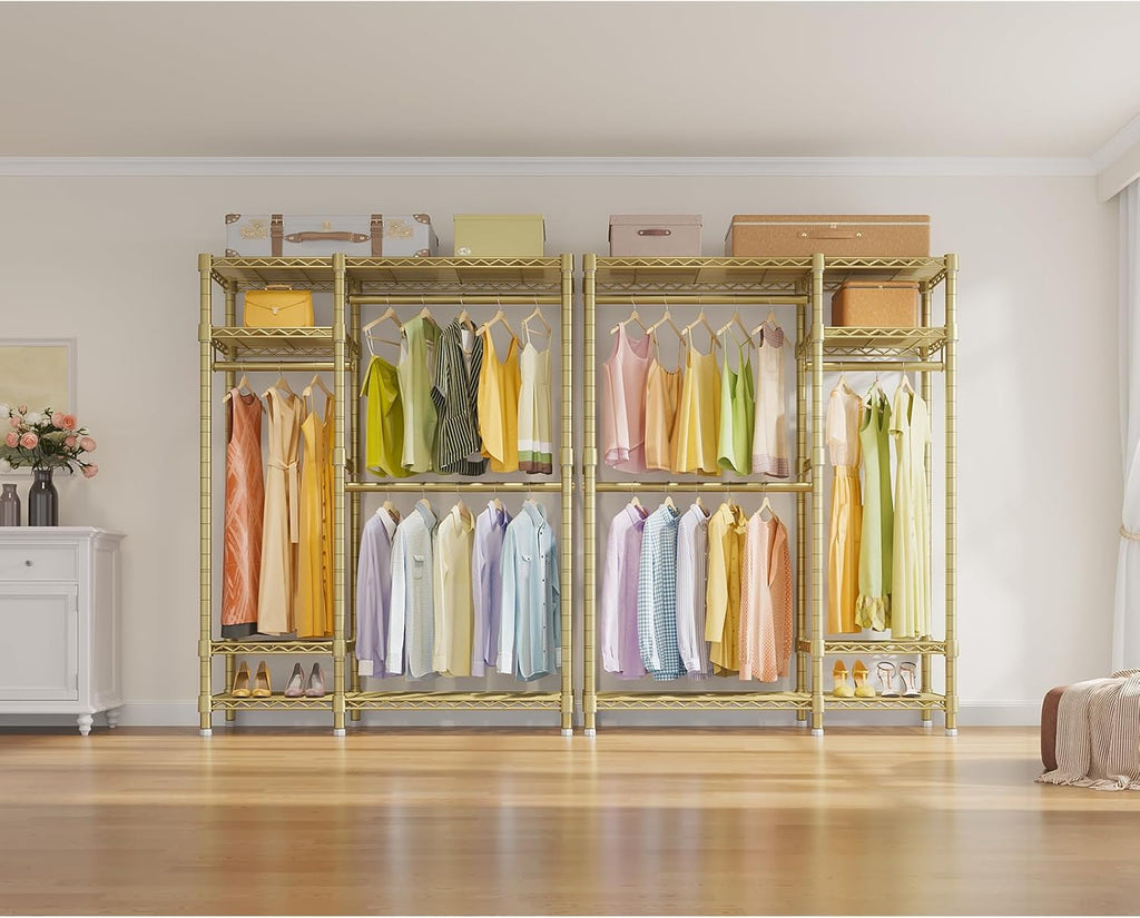 VIPEK V2 Heavy Duty Clothes Rack 4 Tiers Wire Shelving Garment Racks with 3 Hanging Rods Compact Freestanding Closet Metal Closet Rack, Max Load 700LBS, Gold