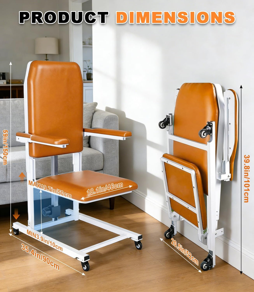 Lift Electric Lift Chair with Wheels - Foldable Standing Assist Chair Adjusts 4-20 in, Supports 573 lbs, Soft PU Cushion & Safety Strap for Elderly at Home & Care - Orange