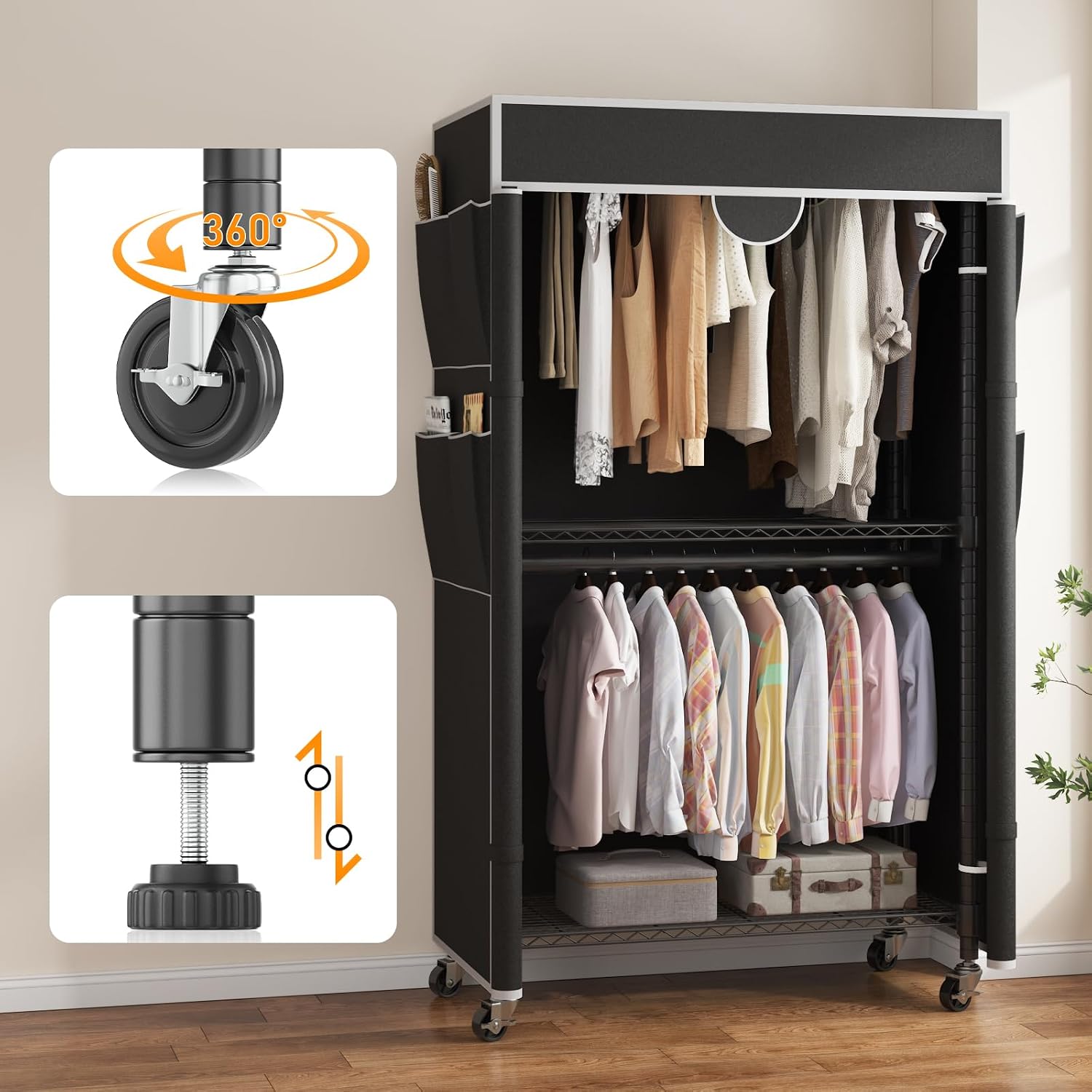 Homdox Garment Rack with Cover, Heavy Duty Clothing Rack for Hanging Clothes, Portable Closet Wardrobe, Double Rods Garment Rack with wheels, 35.1' W x 17.4' D x 80.6' H, Black