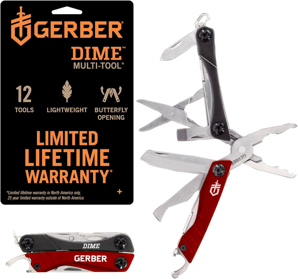 Gerber Gear Dime 12-in-1 Mini EDC Multitool - Needle Nose Pliers, Pocket Knife, Keychain, Bottle Opener - EDC Gear and Equipment, Gifts for Men - Red (Pack of 12)