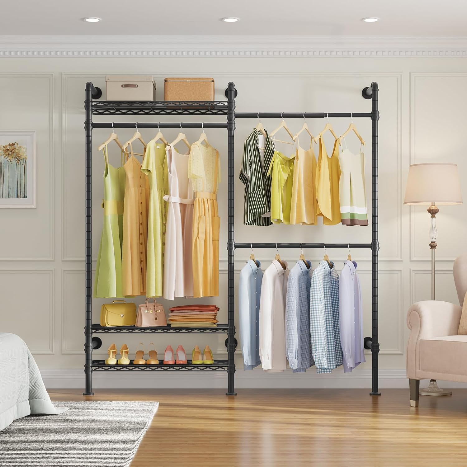 Timate F2 Industrial Pipe Clothes Rack Wall Mounted Clothing Rack for Hanging Clothes, Expandable Garment Racks Heavy Duty Wardrobe Closet Organizer and Storage, Black Adjustable Industrial Closet Kit