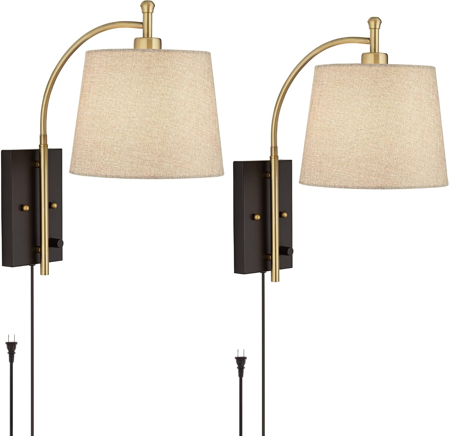 360 Lighting Chester Modern Swing Arm Wall Lamps Set of 2 Brass Black Metal Plug-in Light Fixture Tan Fabric Drum Shade for Bedroom Bedside House Reading Living Room Home Hallway Dining