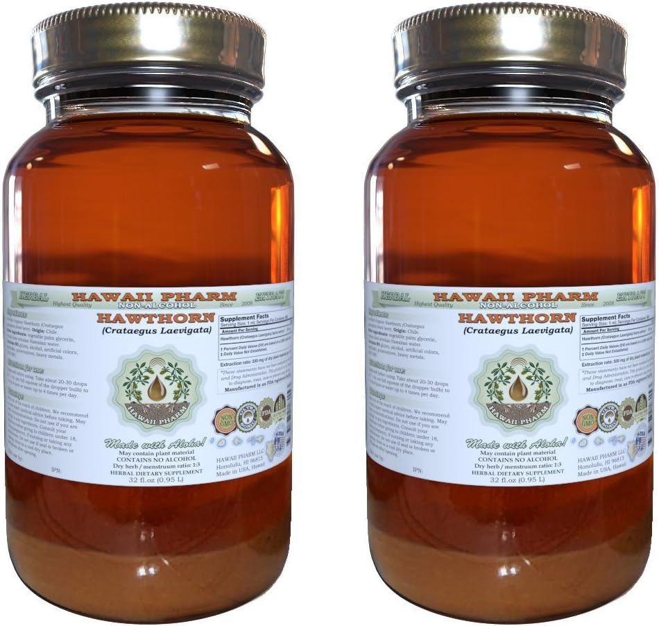 Hawaii Pharm Hawthorn Alcohol-Free Liquid Extract, Hawthorn (Crataegus Laevigata) Dried Leaf and Flower Glycerite Natural Herbal Supplement 2x32 oz Unfiltered
