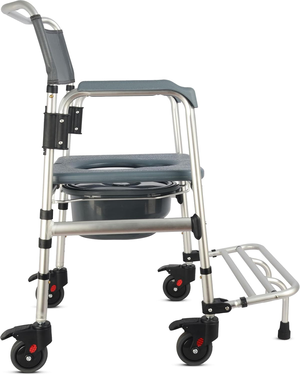 HygiCare 3-in-1 Aluminum Bedside Commode Toilet Shower Chair with Swivel Wheels 6.3 qt Bucket 4 Brake Casters Tool-Free Assembly Support Up to 300 lbs Height Adjustable Lightweight