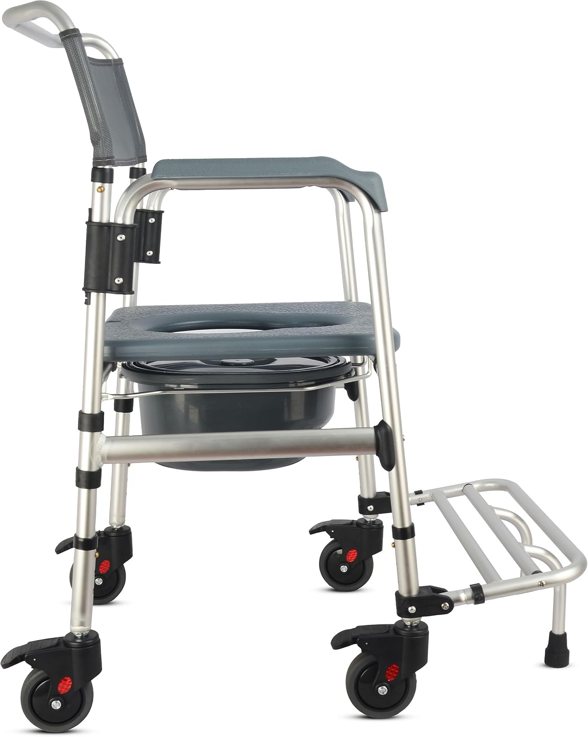 HygiCare 3-in-1 Aluminum Bedside Commode Toilet Shower Chair with Swivel Wheels 6.3 qt Bucket 4 Brake Casters Tool-Free Assembly Support Up to 300 lbs Height Adjustable Lightweight