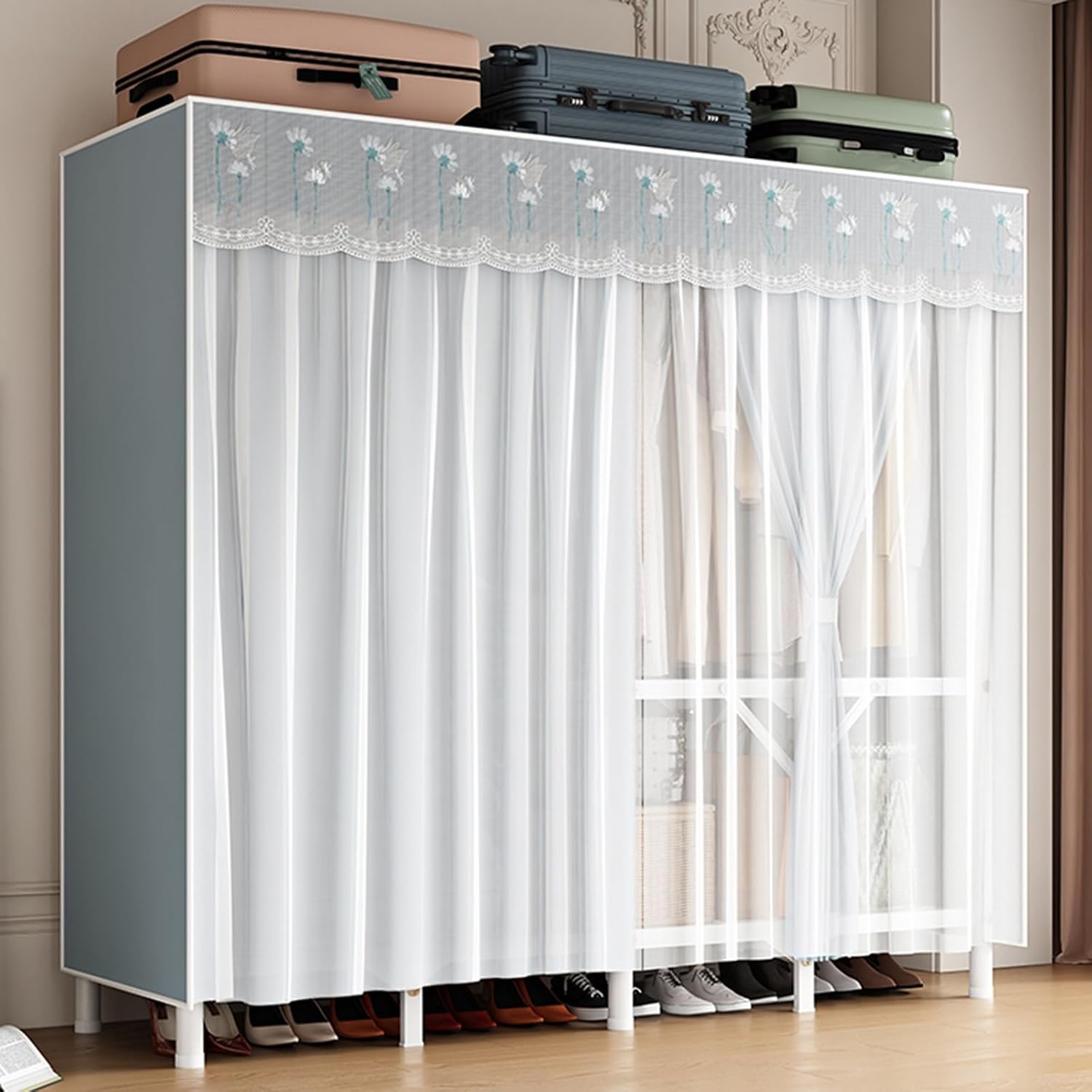 Portable Wardrobe Closet for Hanging Clothes, Metal Freestanding Armoire Wardrobe Clothes Rack with Fabric Cover, Large Capacity Garment Rack Clothes Organizer with Shelves, For Bedroom(Blue,78.7''x17
