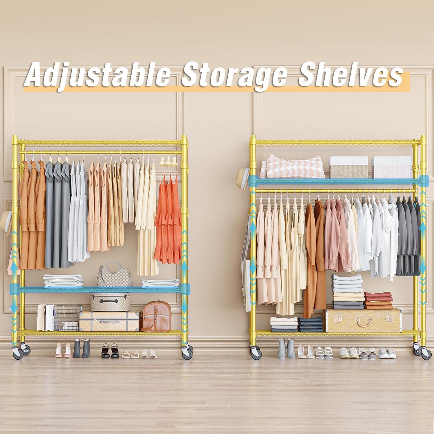 Homdox Gold Heavy Duty Clothes Rack with Wheels, 3-Tier Rolling Metal Garment Organizer with Double Hanging Rods & Hooks, Freestanding Portable Closet, 17.72' D x 47.24' W x 80.71' H