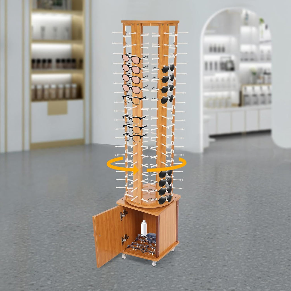 108 Pairs Glasses Sunglasses Display Stand, 360° Rotating Glasses Storage Display Rack with Cabinet, Floor Sunglasses Display Rack with Wheels, 66.14in Height with Wheels (Wood Color)