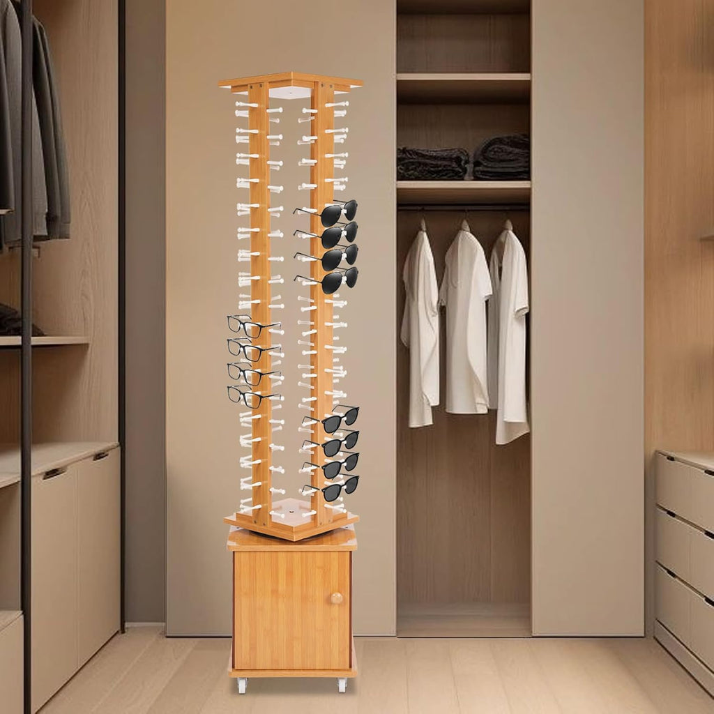 72 Pairs Glasses Sunglasses Display Stand, 360° Rotating Glasses Storage Display Rack with Cabinet, Floor Sunglasses Display Rack with Wheels, 66.14in Height with Wheels (Light Log Color)