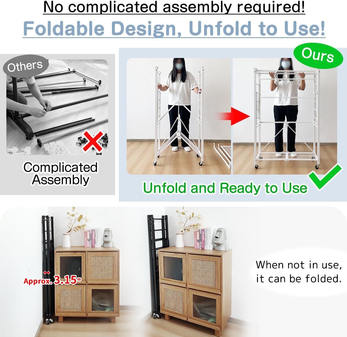 lumizone Folding Clothing Rack with Wheels Expandable Wardrobe Portable Clothes Rack for Hanging Clothes Adjustable Closet Shelves Garment Rack Durable Closet Racks for Hanging Clothes (Pro White)