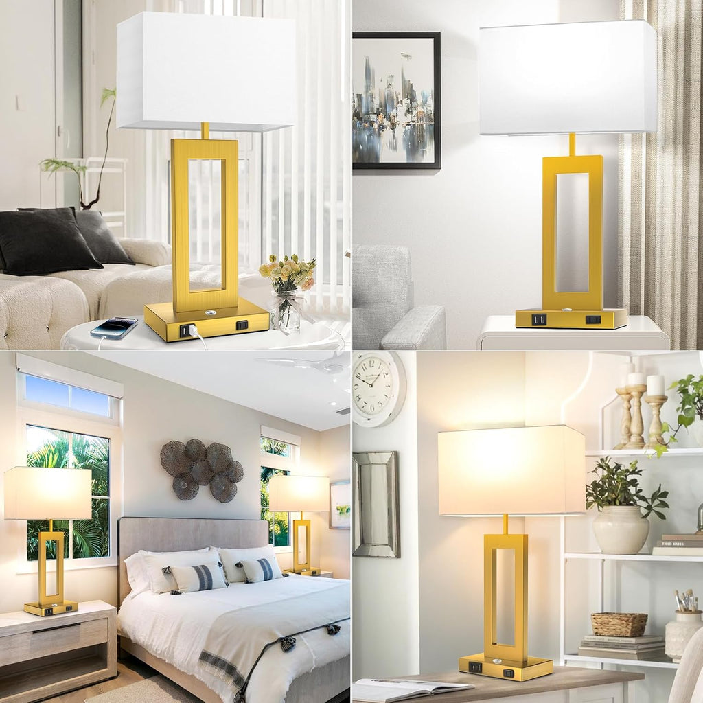 Table Lamps for Bedrooms Set of 2, 27.2'' Super Tall Modern Gold Lamps for Living Room Nightstand End Tables, Button Touch Control Bedside Lamps with 2 USB Ports, 3 Color Temp. E26 Bulbs Included