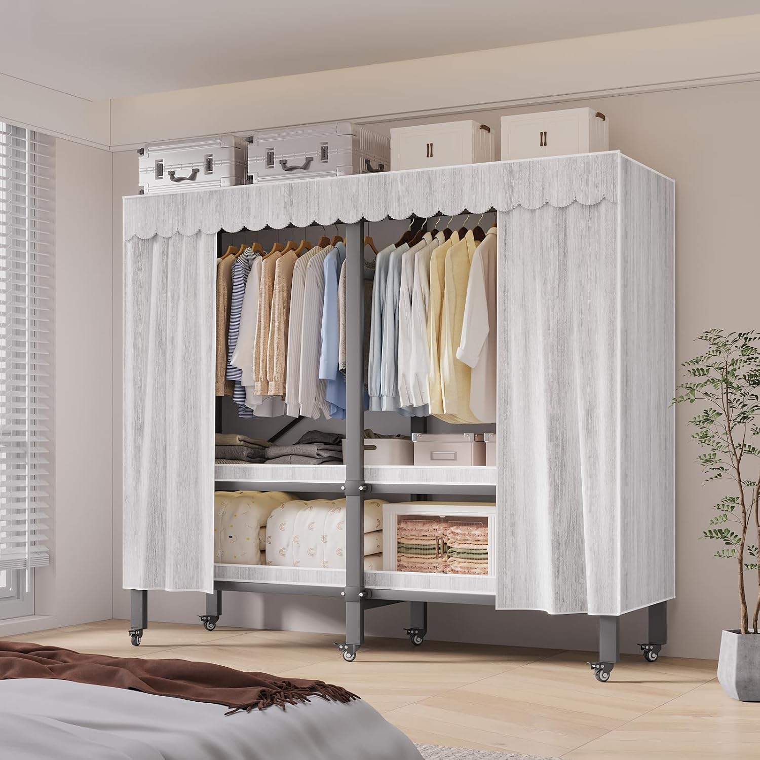 Garment Rack with Cover, Heavy Duty Portable Wardrobe Closet 2000LB, Foldable Clothe Rack with Wheel, Clothes Rack for Hanging, Amoires Clothing Coat Storage Rack (LightGray, 49.21in)