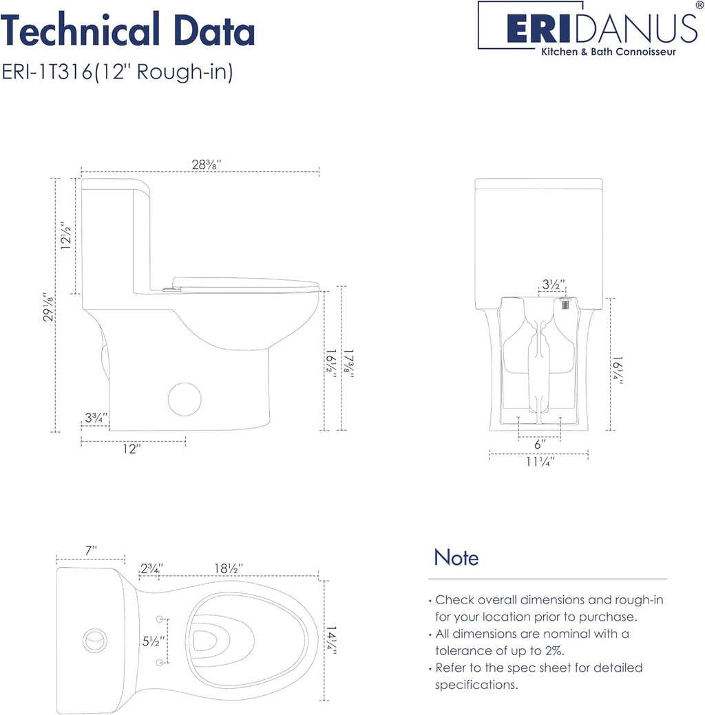 Eridanus One Piece Toilet for Bathroom, Elongated Toilets with Compact Soft Closing Seat, ADA Compliant 17' Chair Height Seat, 12' Rough in, Powerful Dual Flush 1.1/1.6 GPF, Modern Ceramic White