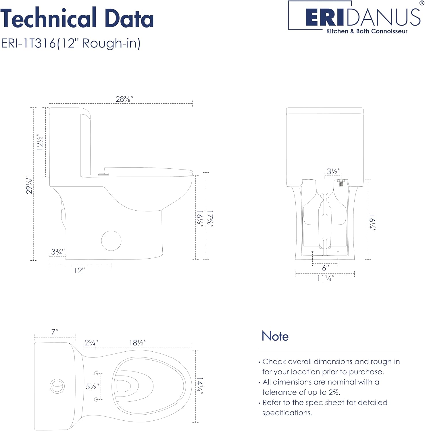 Eridanus One Piece Toilet for Bathroom, Elongated Toilets with Compact Soft Closing Seat, ADA Compliant 17' Chair Height Seat, 12' Rough in, Powerful Dual Flush 1.1/1.6 GPF, Modern Ceramic White