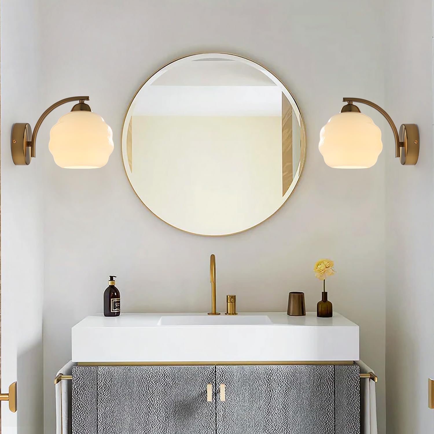 Milk Glass Wall Sconce Brushed Gold Wall Sconce Globe Vanity Lights Sconces Set of 2 Mid Century Wall Mounted Light Modern Bathroom Sconces Wall Lighting Set of 2 Bathroom Wall Lamp