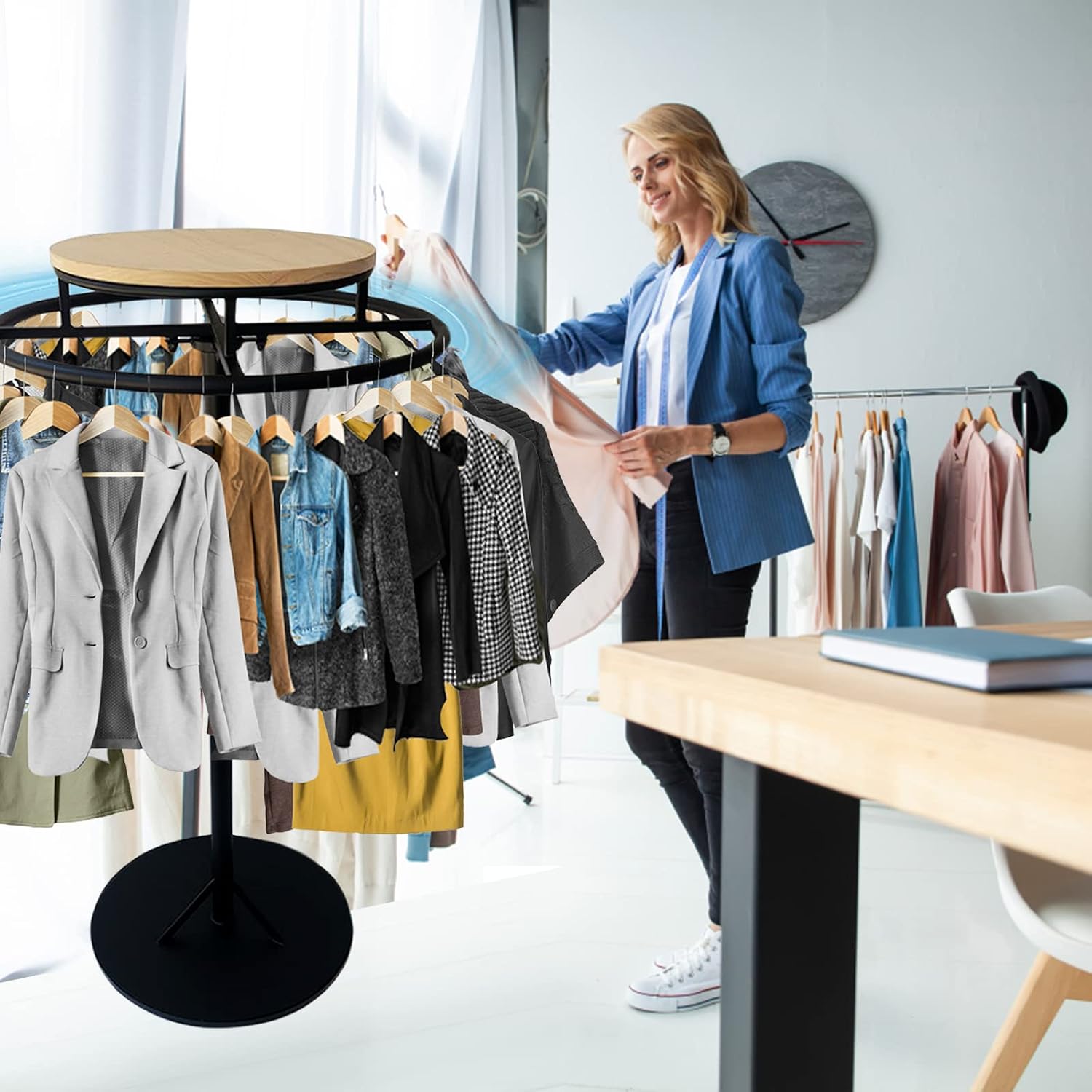 Round Garment Rack, Floor Standing Rotatable Clothing Rack, Clothes Retail Display Stand, for Bedroom Boutique Commercial Shop Laundry Room