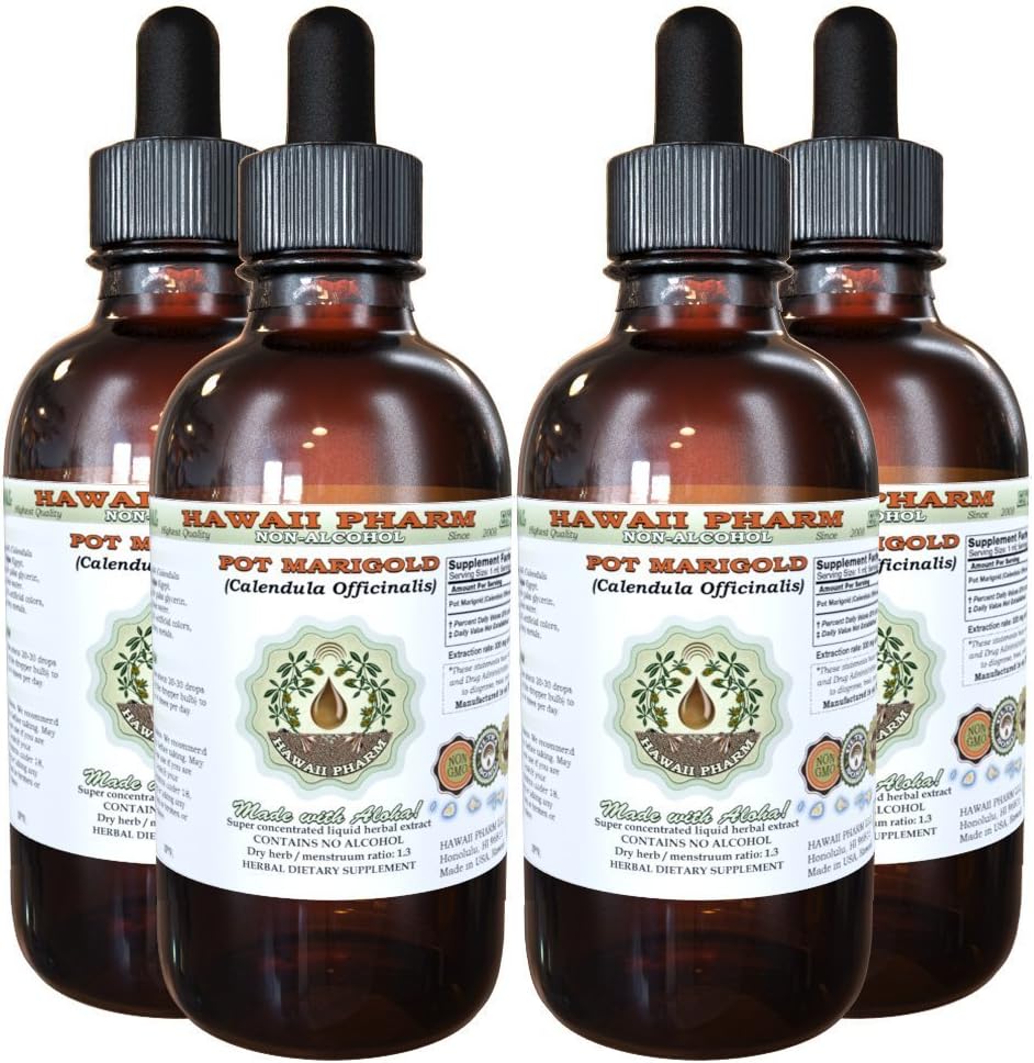 Hawaii Pharm Pot Marigold Alcohol-Free Liquid Extract, Pot Marigold (Calendula Officinalis) Dried Flower Glycerite Natural Herbal Supplement 4x4 fl.oz