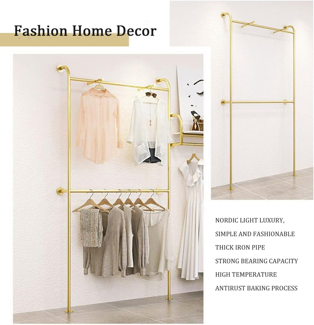 Double Layer Gold Clothes Rack, Wall Mounted Floor Clothing Rack, Heavy Duty Pipe Garment Rack, Metal Clothing Display Stand Rod for Boutique Retail Bedroom,120cm
