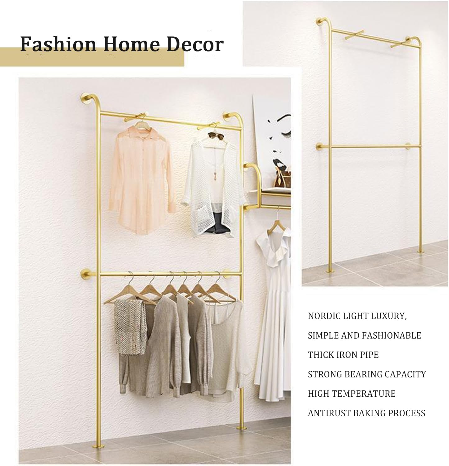 Double Layer Gold Clothes Rack, Wall Mounted Floor Clothing Rack, Heavy Duty Pipe Garment Rack, Metal Clothing Display Stand Rod for Boutique Retail Bedroom,120cm