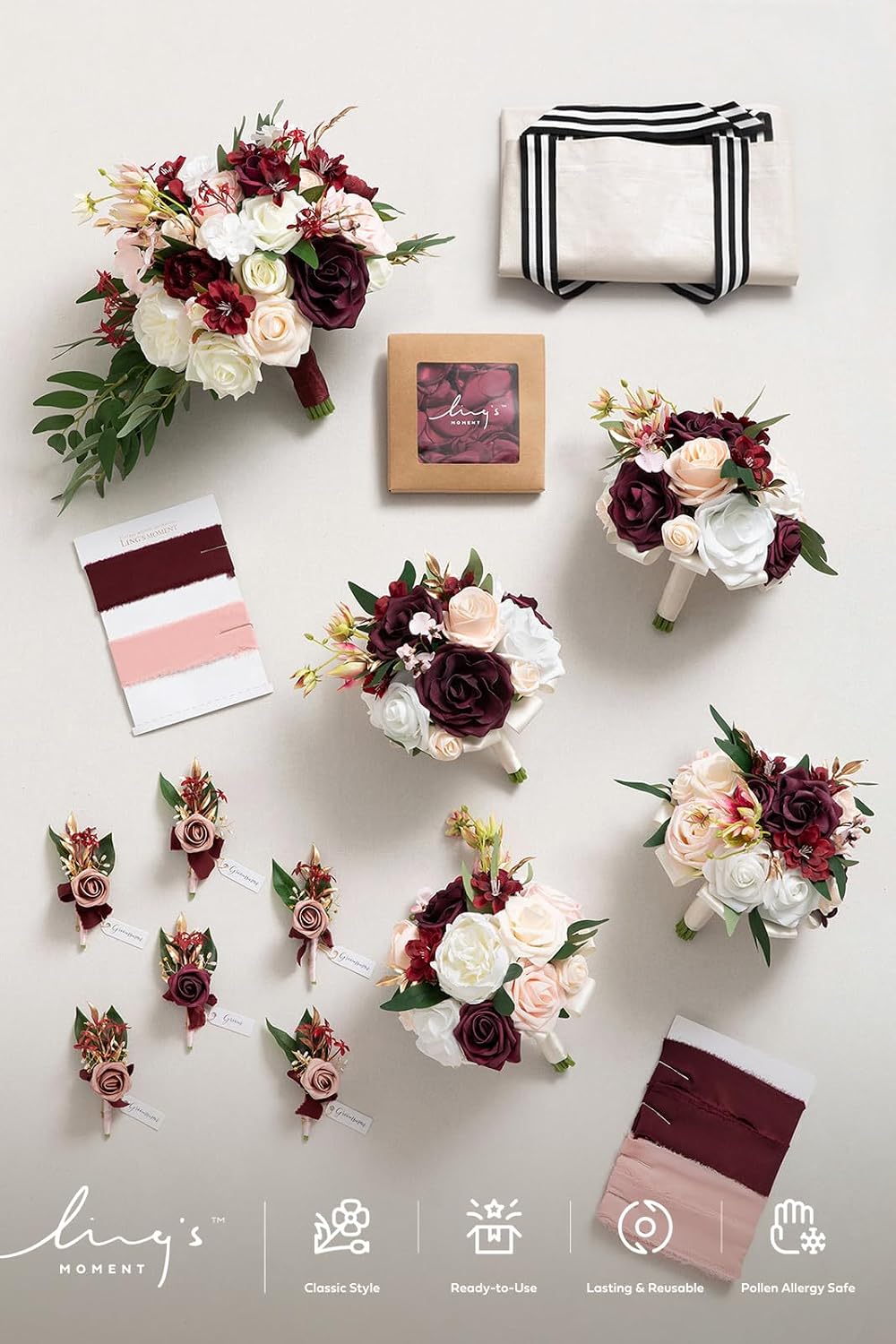 Ling's moment Wedding Artificial Flowers Package, Bridal Bouquet, Bridesmaid Bouquets, Boutonniere for Men, Rose Petals.Burgundy Blush