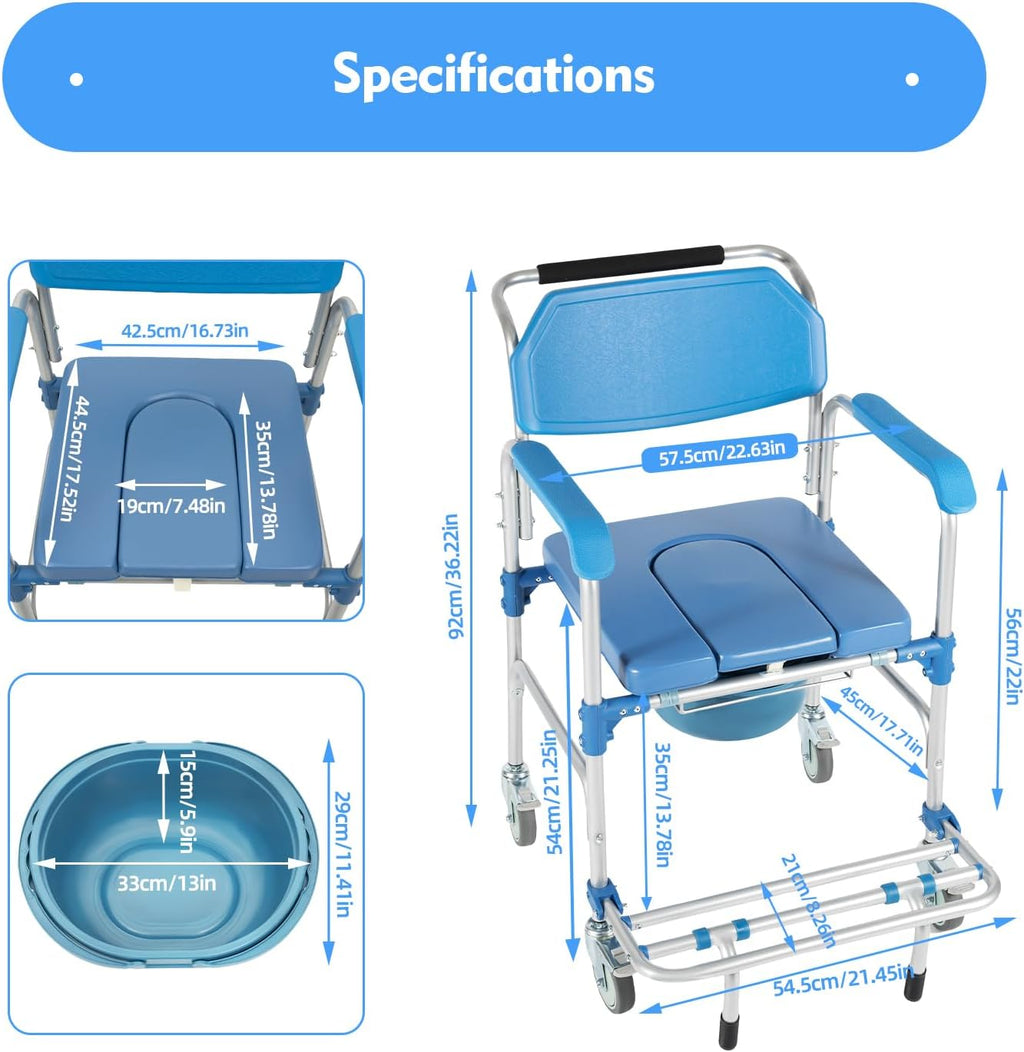 Bedside Commodes Chair with Wheels for Seniors Portable Shower Chair 330 Lb Capacity- Heavy Duty Raised Toilet Seat with Anti-Rollover Foot Pedal Armrests and Bucket, Blue