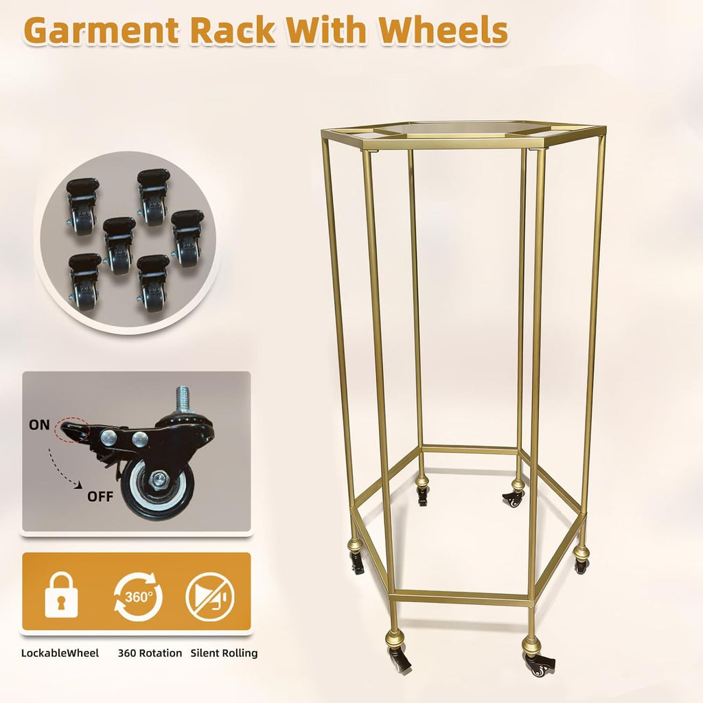 27.5-Inch Rolling Round Garment Rack with Shelf & Wheels,45'x45' Footprint,330lbs Load Heavy Duty Round Clothing Rack for Home & Retail Display, Gold (27.5in/Gold)