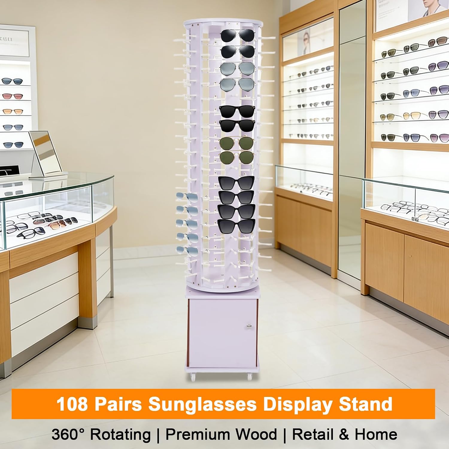 Sunglasses Display Stand, 108 Pairs Wooden 360° Rotating Sunglass Eyeglass Holder Organizer, Glasses Hanger Storage Rack for Retail Commercial Display, L14.2*H66.1in, White