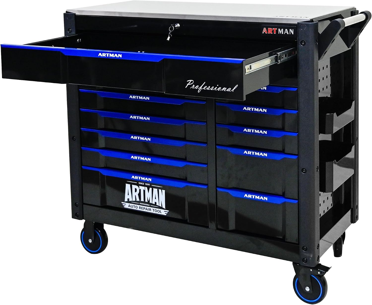 Large Tool Chest with Wheels, Rolling Toolbox with Drawers, Metal Storage Tool Cart with 41'' Stainless Steel Top and Side Handle for Garage, Shop (Bonus Drawer Liners) — Black/Blue