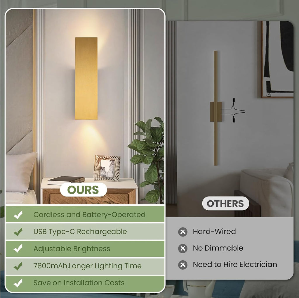 Gold Wireless Wall Sconces Set of Two,3000K-6000K Dimmable Battery Operated Wall Sconce with Remote,USB Rechargeable LED Wall Lights for Living Room Bedroom Hallway