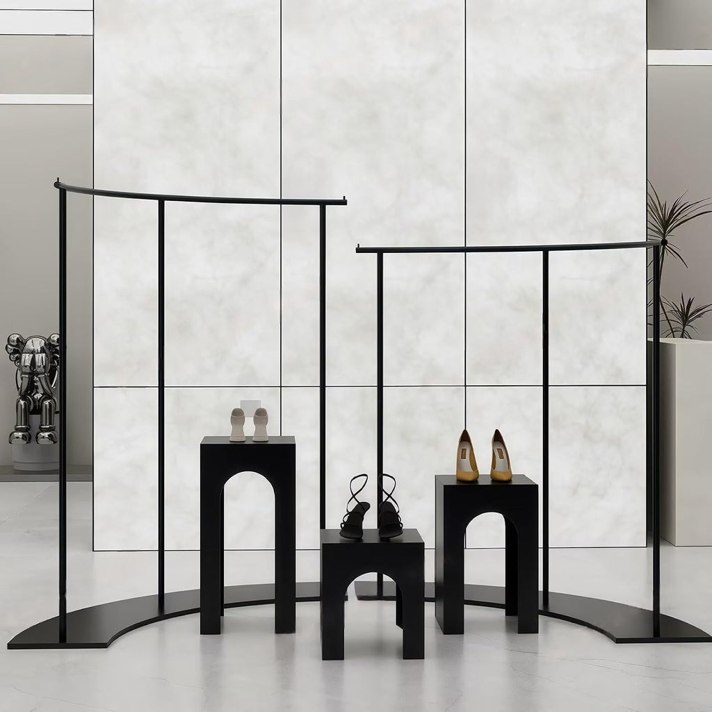5-Piece Black Retail Clothing Rack Set - Sturdy Metal Garment Rack & Display Tables with Curved Modern Minimalist Design, for Boutique, Clothing Store