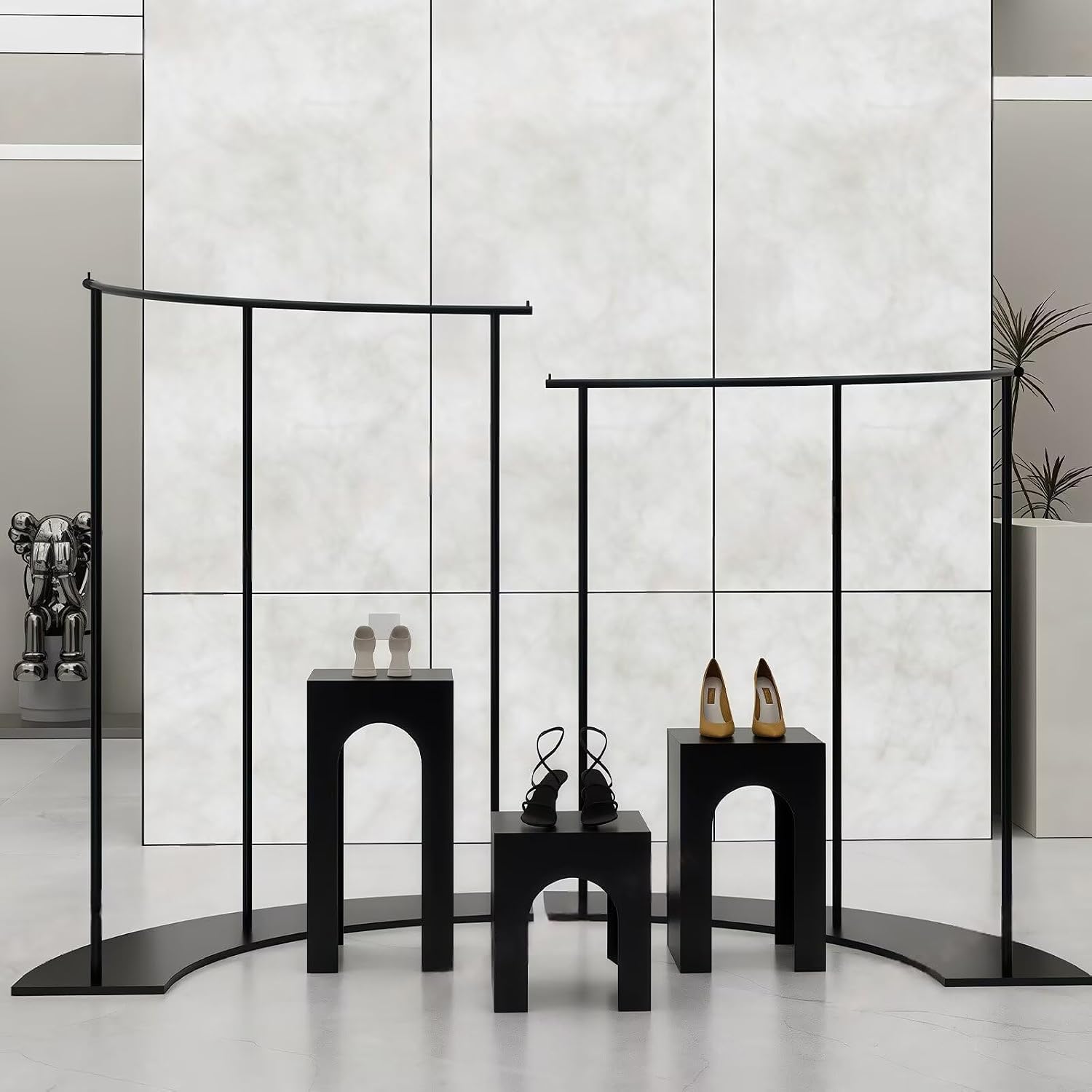 5-Piece Black Retail Clothing Rack Set - Sturdy Metal Garment Rack & Display Tables with Curved Modern Minimalist Design, for Boutique, Clothing Store