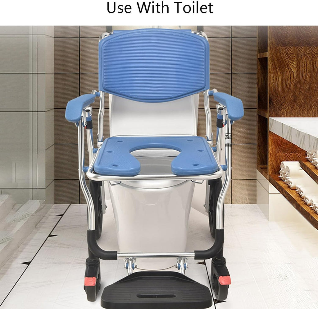 Raised Toilet Seat with Handles Up to 320lbs, Elevated Handicap Toilet Seat Riser for Seniors with Soft Padded with 4 Brakes Casters, Stand Alone Toilet Frame, Fit Any Toilet, Blue