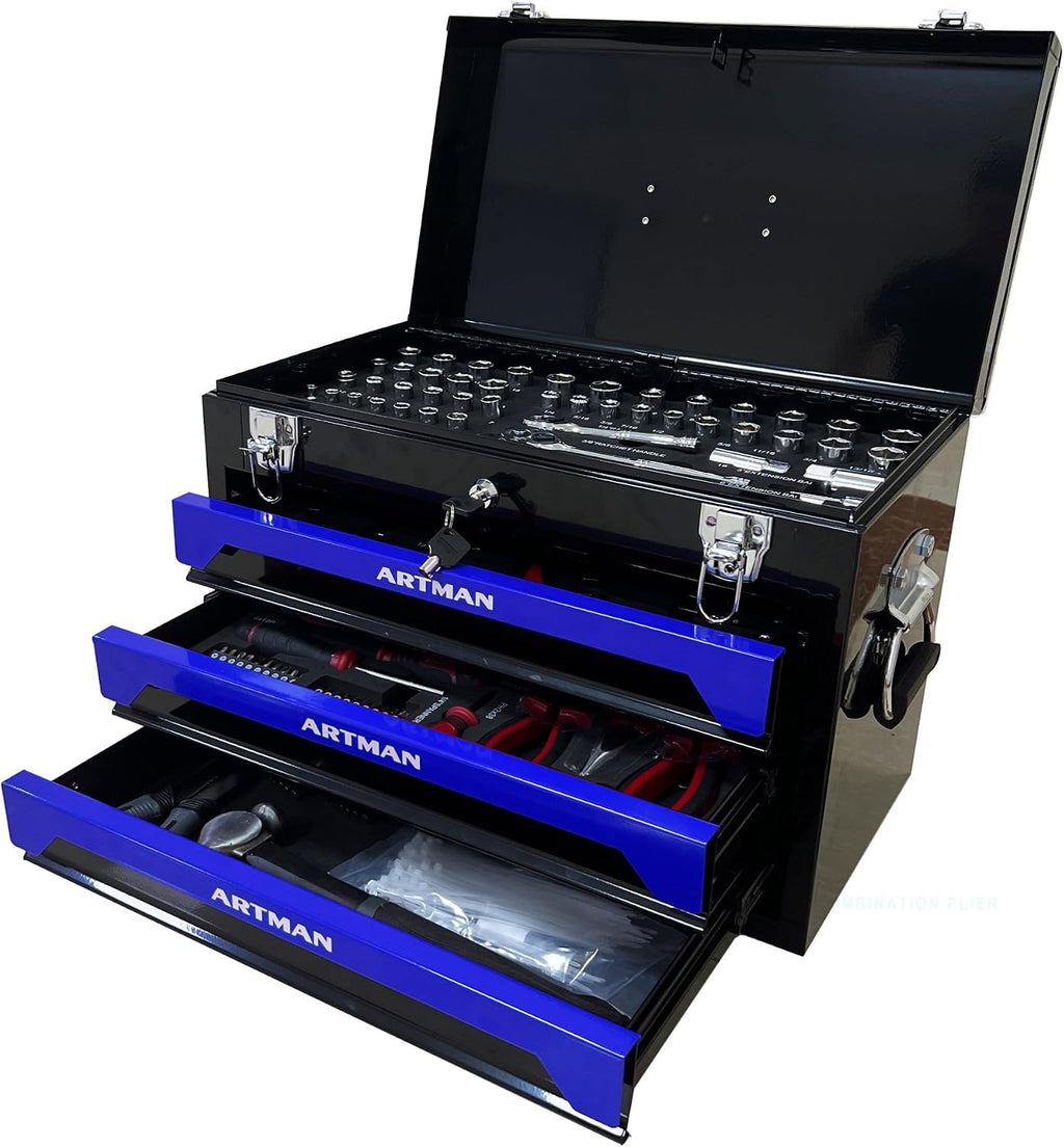 Four layer steel strip, 439 parts and 3 drawer toolboxes, upgraded metal lock safety, practical storage tray to meet the needs of mechanical processing and maintenance