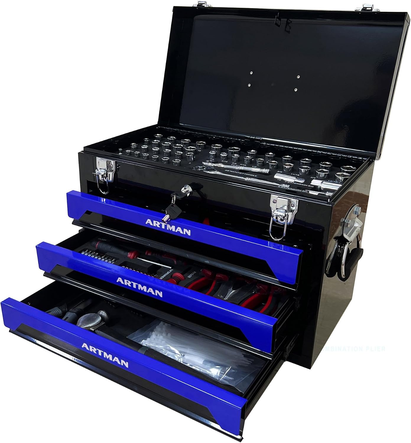 Four layer steel strip, 439 parts and 3 drawer toolboxes, upgraded metal lock safety, practical storage tray to meet the needs of mechanical processing and maintenance